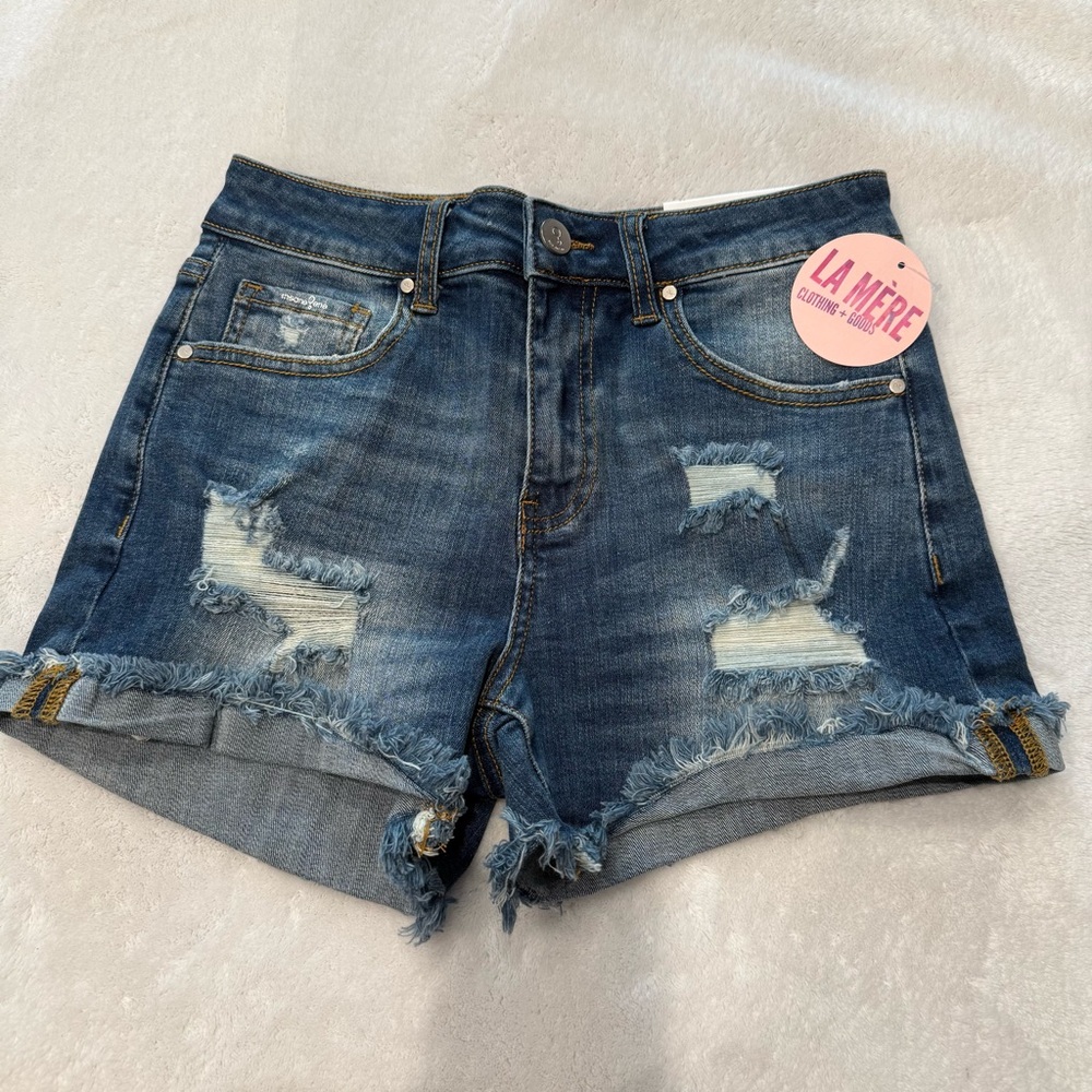 Mid-Rise Distressed Jean Shorts - Dark Blue